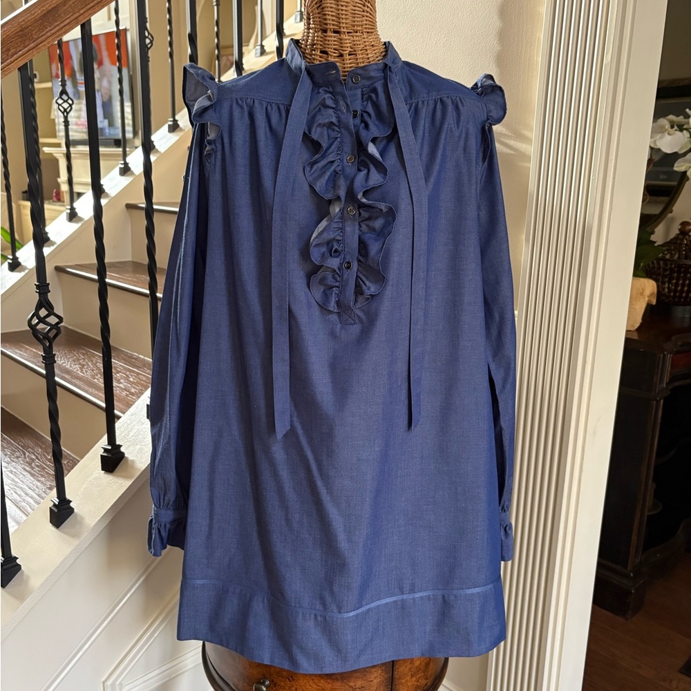 LDT Saks Blue Ruffled Tie Front Long Sleeve Dress